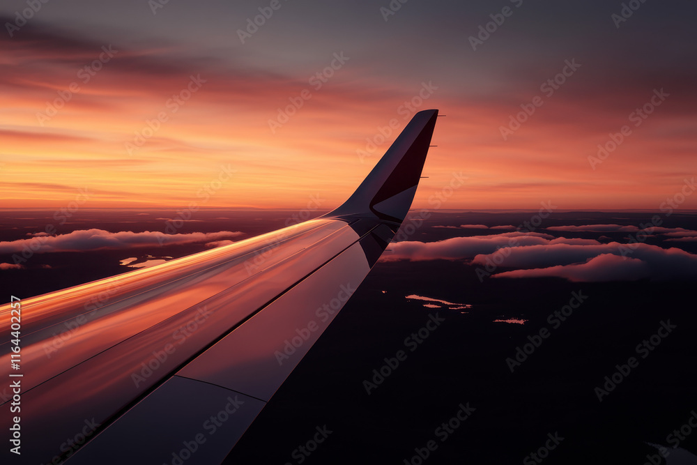 Mesmerizing Aerial Sunset View from Airplane Wing, Capturing Tranquil Twilight Skies and Vibrant Horizon Colors for a Dreamy Travel Adventure Mesmerizing Aerial Sunset View from Airplane Wing, Capturing Tranquil Twilight Skies and Vibrant Horizon Colors for a Dreamy Travel Adventure