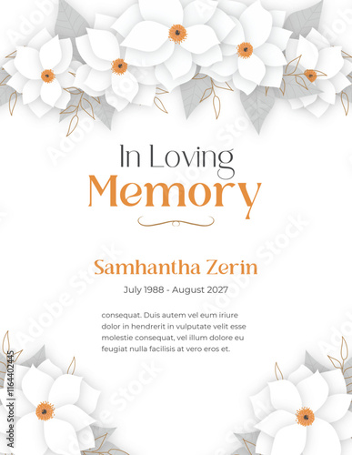 In loving memory funeral invitation card with 3d hand drawn flower