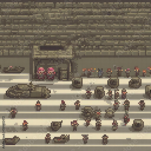 Pixel art of a computer screen displaying tanks in a game