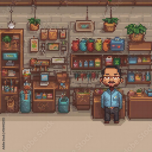 Pixel art man in front of a storefront