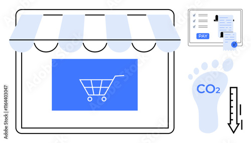 Online store with shopping cart on screen, digital payment method, and CO2 footprint reduction icon. Ideal for e-commerce, sustainability, carbon footprint, digital payments, eco-friendly shopping