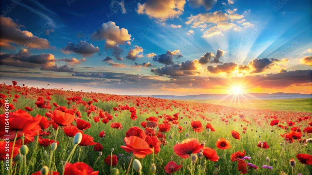 Fototapeta premium Serene Sunset over a Vast Field of Vibrant Red Poppies