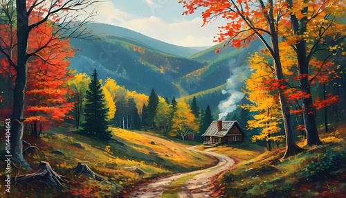 a painting of a cabin in the mountains