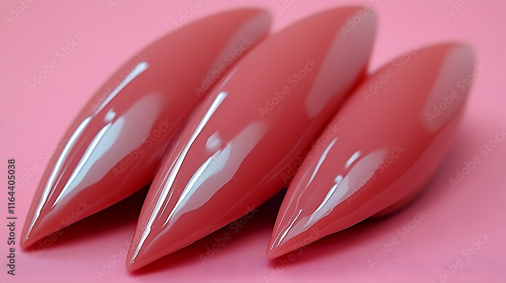 Three Glossy Red Pointed Objects on Pink Three Glossy Red Pointed Objects on Pink