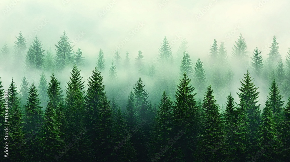 Fototapeta premium A dense, green forest surrounded by fog on a gloomy day, featuring numerous trees in the foreground