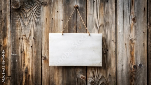 Blank Rustic Wooden Sign Hanging on Weathered Boards photo