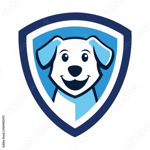 A friendly dog mascot logo inside a shield, featuring a smiling, approachable dog character with bold outlines, perfect for a strong, protective, yet welcoming brand identity.