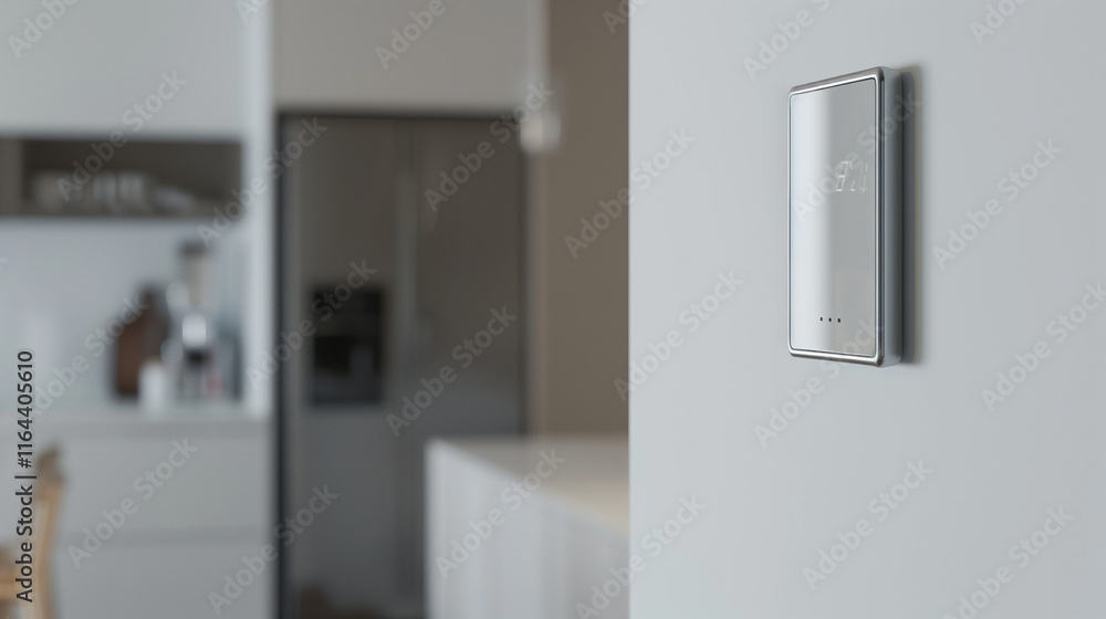 Carbon Monoxide Detector on White Wall with Blurred Modern Kitchen Background, Focusing on Safety and Awareness Carbon Monoxide Detector on White Wall with Blurred Modern Kitchen Background, Focusing on Safety and Awareness