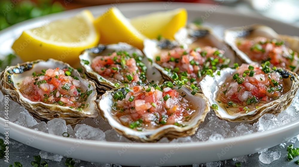 Fresh oysters topped with a vibrant salsa, garnished with lemon wedges on ice. Fresh oysters topped with a vibrant salsa, garnished with lemon wedges on ice.