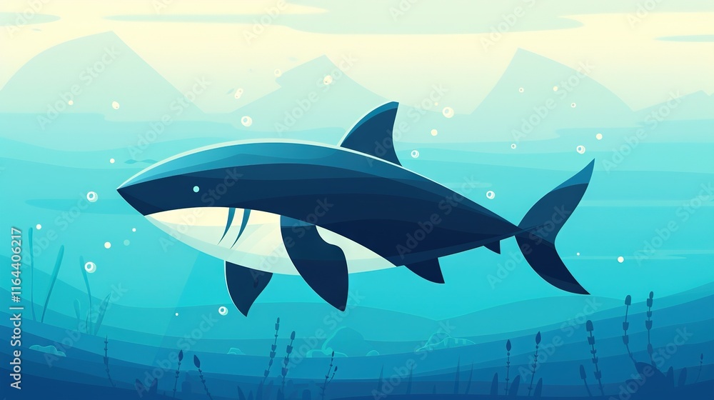 Obraz premium A shark swims in the ocean against a mountainous background, with seaweed in the foreground