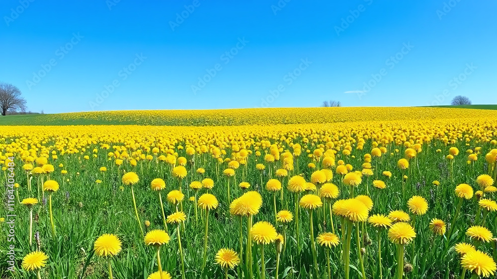 Obraz premium Dandelion meadow: A wide meadow dotted with cheerful yellow dandelions, their round blooms creating a playful pattern against the vivid green grass and bright blue sky, capturing the joy of spring