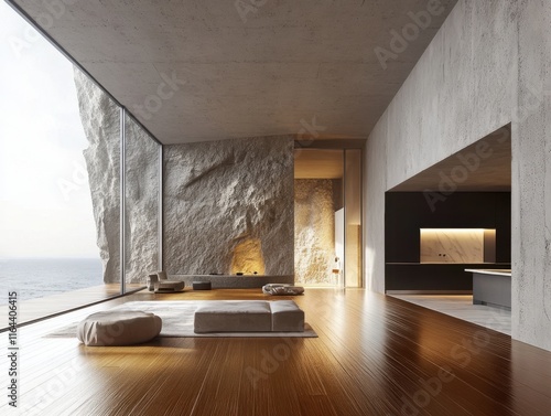 A large room with a fireplace and a large window. The room is made of concrete and has a lot of wood