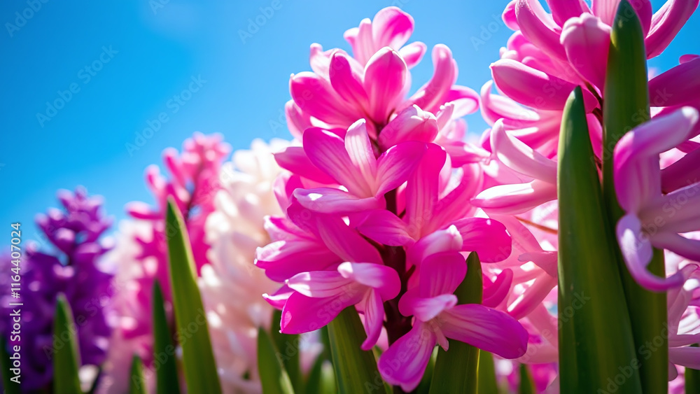 Obraz premium Hyacinth blooms: A close-up of vibrant hyacinth flowers in shades of pink, purple, and white, their delicate bell-shaped petals illuminated by sunlight, framed by the clear blue sky above