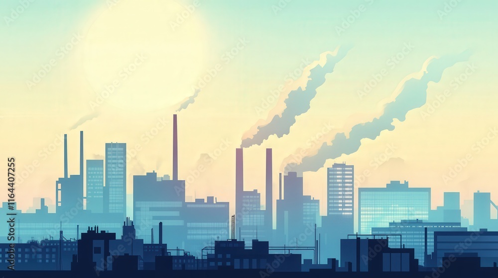 Fototapeta premium Industrial landscape at sunrise showcasing smokestacks and urban skyline in a tranquil color palette