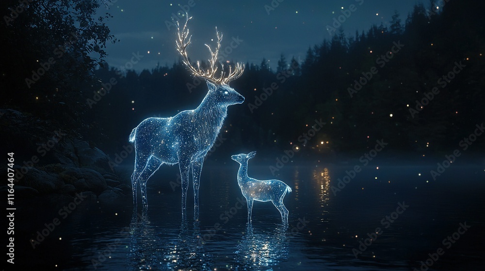 A pair of deer stand beside each other on top of a lake surrounded by a dense forest illuminated with numerous lights A pair of deer stand beside each other on top of a lake surrounded by a dense forest illuminated with numerous lights