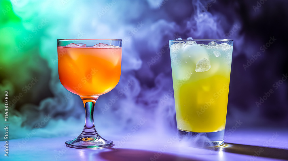 Two ethereal cocktails, orange and yellow hues with a layer of vibrant green liquid Two ethereal cocktails, orange and yellow hues with a layer of vibrant green liquid