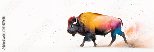 Colorful bison in motion: vibrant explosion of paint and dust effects photo