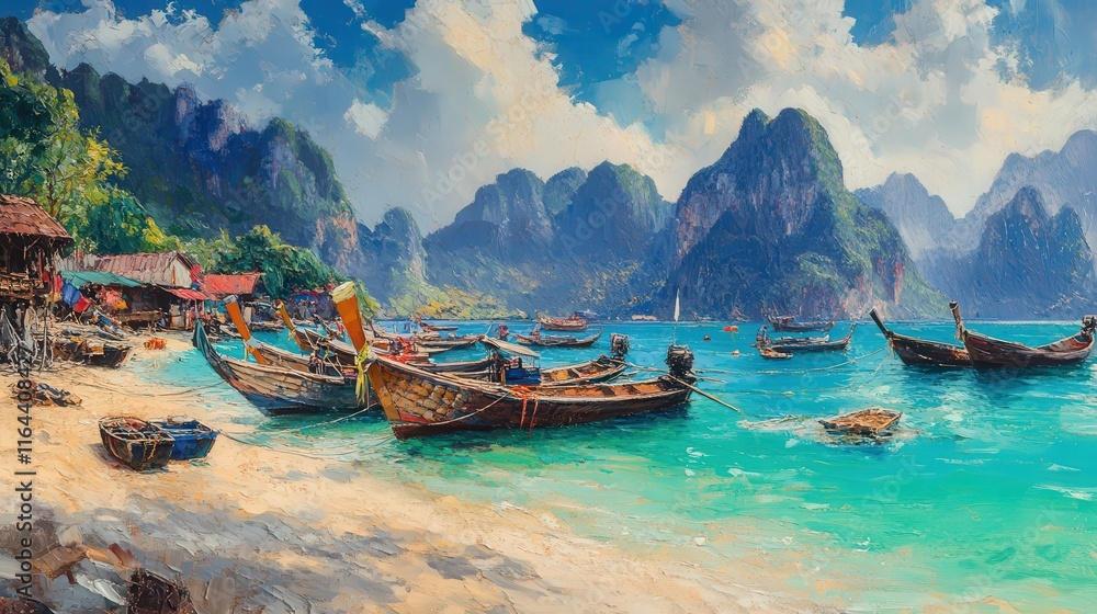 Obraz premium Fishing boats anchored in a tranquil bay surrounded by towering mountains and clear blue water in a tropical paradise