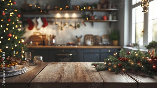 A beautifully decorated kitchen ready for Christmas. A wooden table sits empty, surrounded by twinkling lights, Christmas tree, and holiday decorations inviting family gatherings