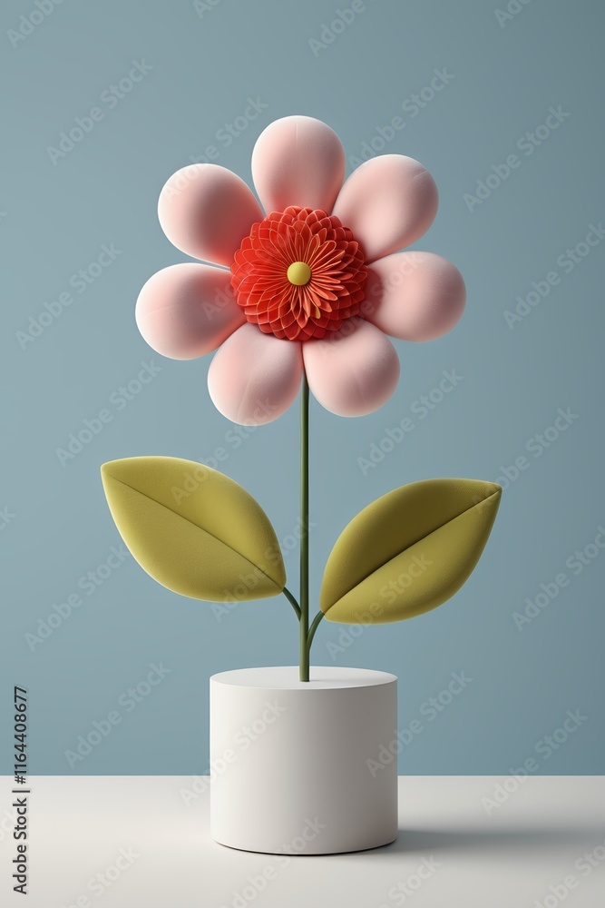 there is a pink flower with green leaves in a white vase