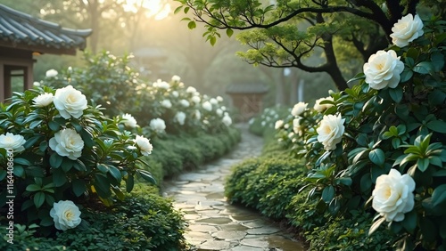 Serene Dawn, Misty Garden Path with Delicate White Camellia and Azalea Blooms