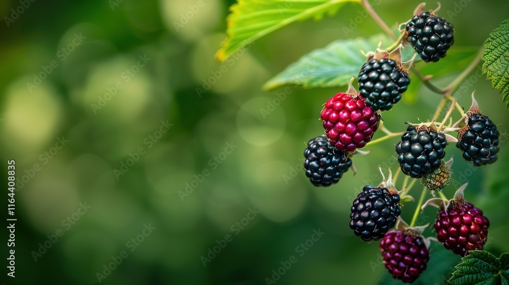 Raspberries on a branch with leaves in front of a blurred background Raspberries on a branch with leaves in front of a blurred background