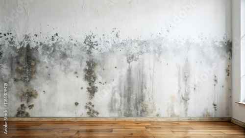 A room with a hardwood floor and a wall showing significant water damage and mold