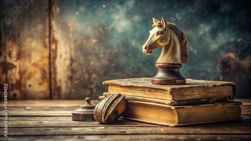 A knight chess piece rests atop aged books and antique objects on a rustic wooden surface photo