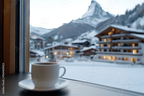 A serene setting captures a white coffee cup resting gracefully against a snowy alpine backdrop, inviting moments of reflection, warmth, and comfort during winter. photo