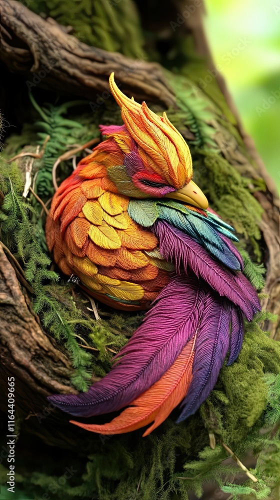 Fototapeta premium A Vibrant Colorful Bird Rests In A Lush Green Nest