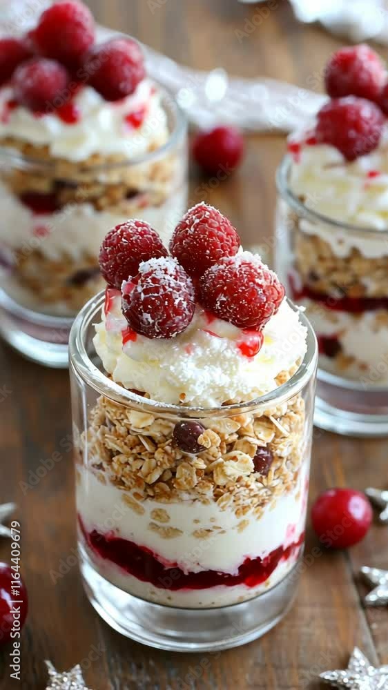 Delicious raspberry and granola parfaits presented in clear glasses on a wooden table during a festive gathering Delicious raspberry and granola parfaits presented in clear glasses on a wooden table during a festive gathering