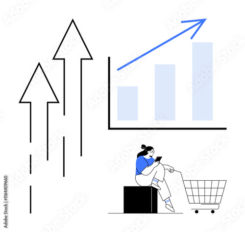 Upward arrows, a bar chart with a rising trend, and a woman sitting with a shopping cart highlight progress and growth. Ideal for business growth, e-commerce success, online shopping trends, digital