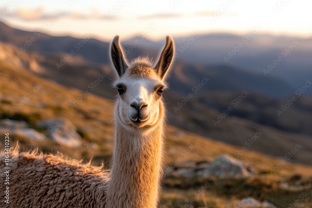 Obraz premium A captivating close-up of a llama with a warm smile set against a scenic mountain backdrop, showcasing the beauty of nature and the allure of wildlife.