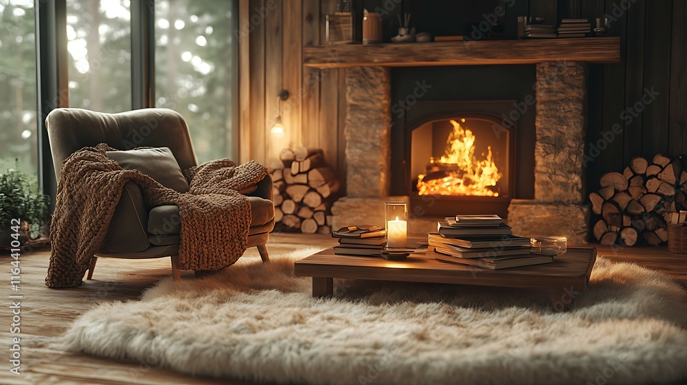 Naklejka premium Cozy cabin interior with fireplace, armchair, and books.