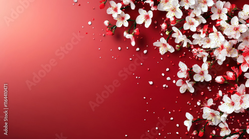 Floral arrangement celebration spring blossoms in an outdoor garden with red background