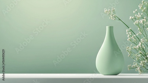   A green vase sits on a table beside a white vase filled with baby's breath