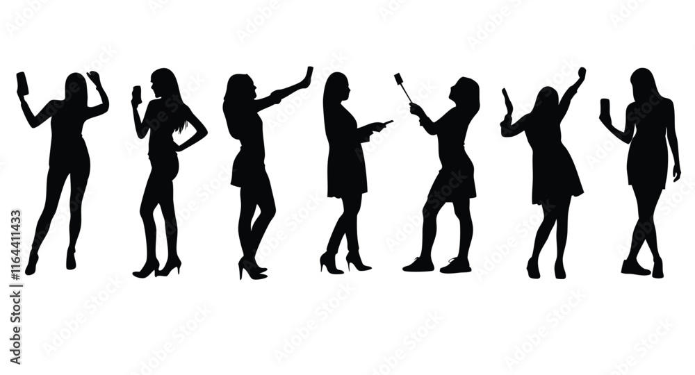 A set of women taking selfie vector silhouette illustration A set of women taking selfie vector silhouette illustration