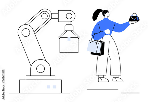 Robotic assembly arm lifting an object, female shopper holding a handbag and carrying shopping bags. Ideal for retail automation, technology in commerce, smart shopping, future of retail, human-robot