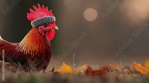   A sharp image of a rooster amidst green grass and leafy foregrounds, with a soft background
