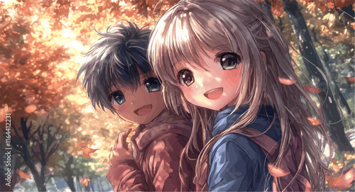 Happy students smiling together during autumn stroll in park