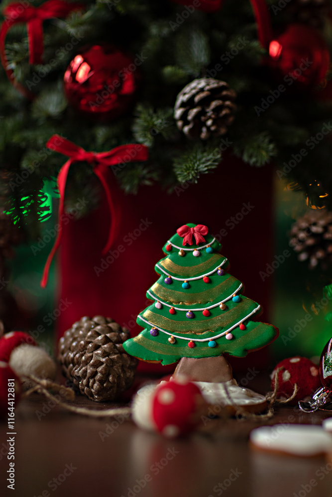 gingerbread in the shape of a Christmas tree, royal icing gingerbread in the shape of a Christmas tree, royal icing