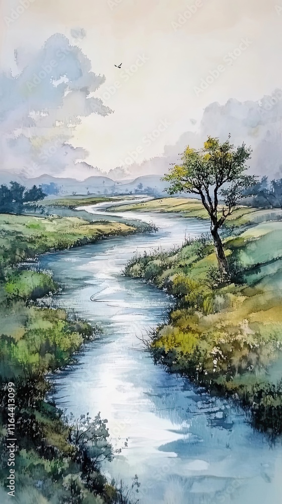 Obraz premium Serene River Landscape with Solitary Tree and Distant Hills
