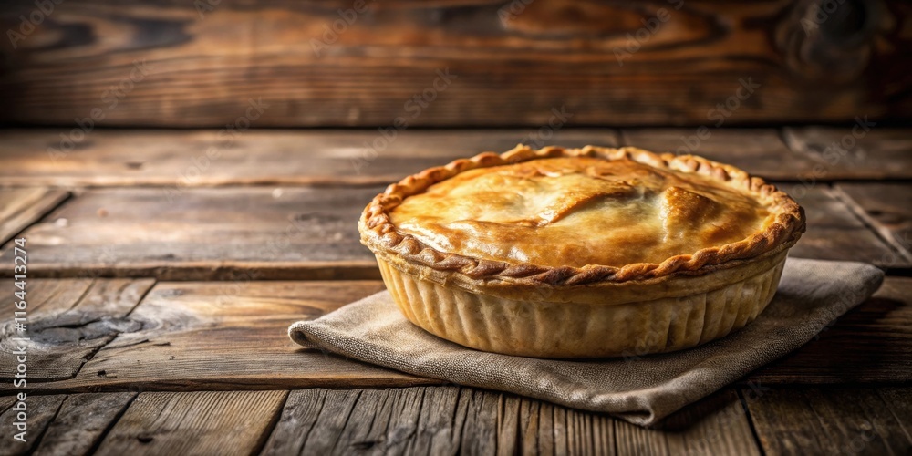 A golden-brown baked pie, with a rustic, crimped crust, rests on a burlap napkin atop a weathered wooden table. A golden-brown baked pie, with a rustic, crimped crust, rests on a burlap napkin atop a weathered wooden table.