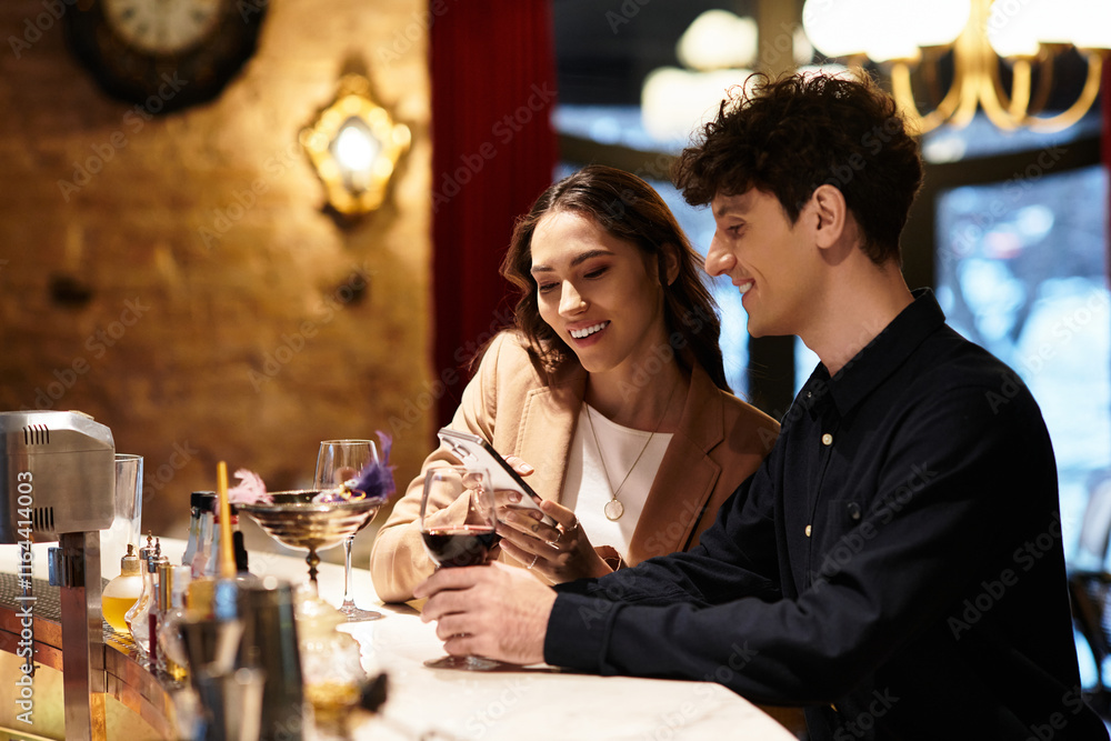 A lovely couple enjoys drinks and smiles while celebrating their special day at a restaurant. A lovely couple enjoys drinks and smiles while celebrating their special day at a restaurant.