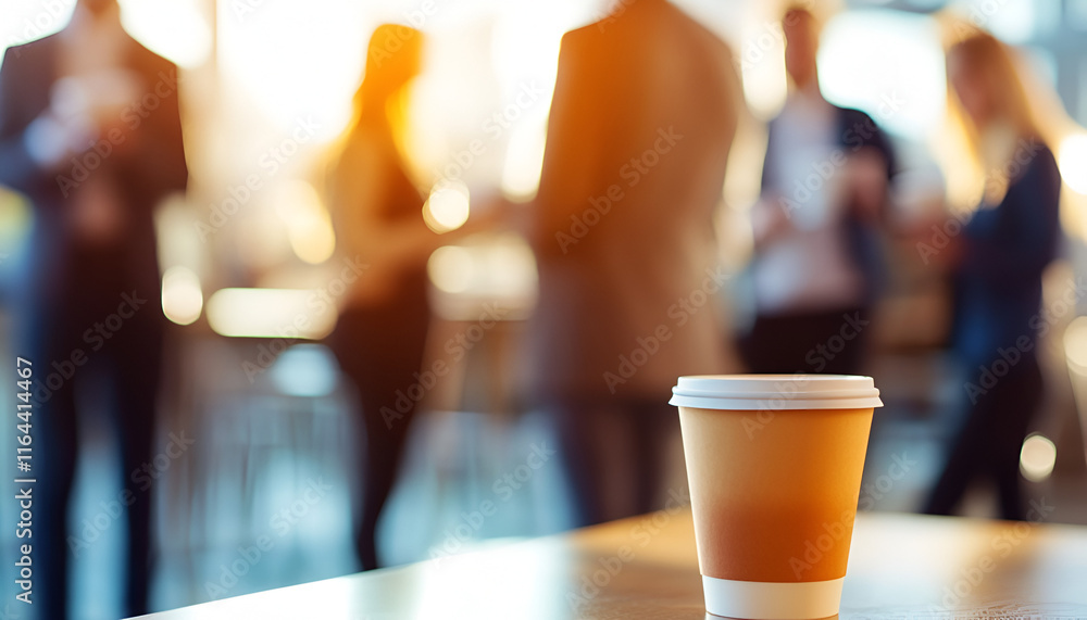 Coffee cup foreground in a corporate meeting background Coffee cup foreground in a corporate meeting background