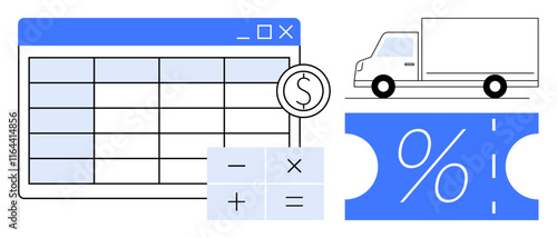 Financial spreadsheet, calculator with arithmetic symbols, delivery truck, and discount coupon emphasizing financial management, logistics, budgeting, ecommerce, planning, operations and finance