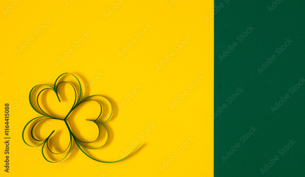 Patrick's Day composition on yellow and green background. Festive banner with decorations for St. Patrick's Day. Four-leaf clover paper art. St. Top view. Flat lay. Patrick's Day composition on yellow and green background. Festive banner with decorations for St. Patrick's Day. Four-leaf clover paper art. St. Top view. Flat lay.