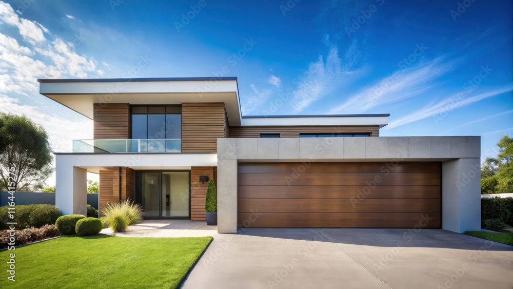 Modern Architectural Design Luxurious Suburban Home with Expansive Garage and Landscaped Lawn Modern Architectural Design Luxurious Suburban Home with Expansive Garage and Landscaped Lawn