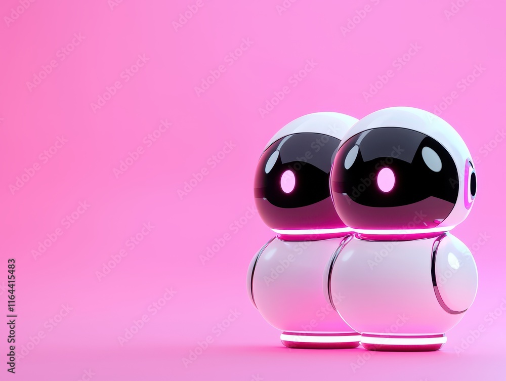 Two cute robotic figures with glossy surfaces and vibrant eyes on a pink background. Two cute robotic figures with glossy surfaces and vibrant eyes on a pink background.