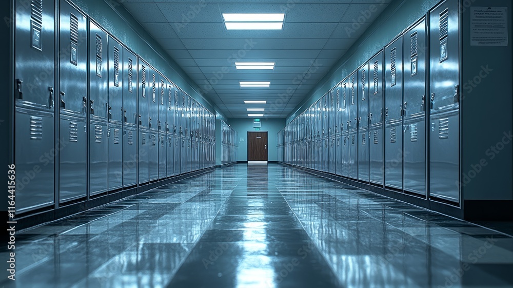 Long Corridor with Rows of Silver Lockers Long Corridor with Rows of Silver Lockers